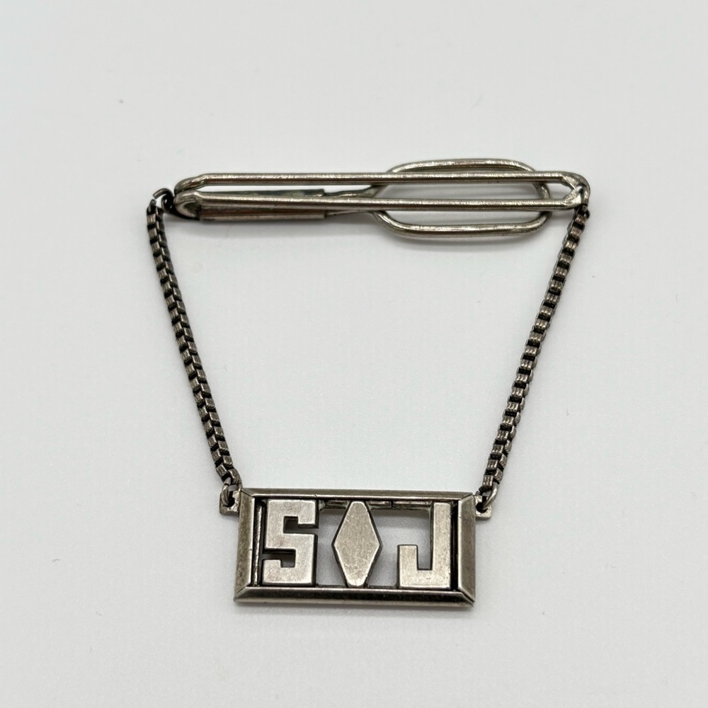 Swank Vintage Sterling Silver Chain Tie Clasp with Initials SJ.
